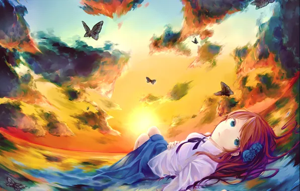 Небо, девушка, солнце, облака, бабочки, закат, аниме, арт