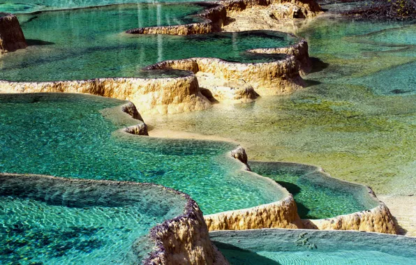 China, Китай, бассейны, провинция Сычуань, Хуанлун, Sichuan Province, Travertine pools at Huanglong