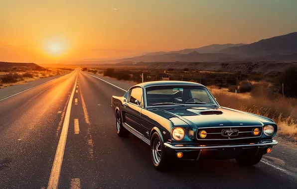 Дорога, солнце, закат, горы, синий, разметка, Mustang, шоссе
