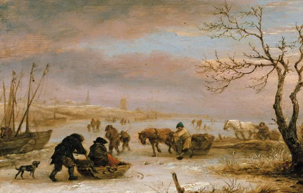 Картина, Исаак ван Остаде, Isaac van Ostade, Зимний Пейзаж с Лодкой Вмерзшей в Лед