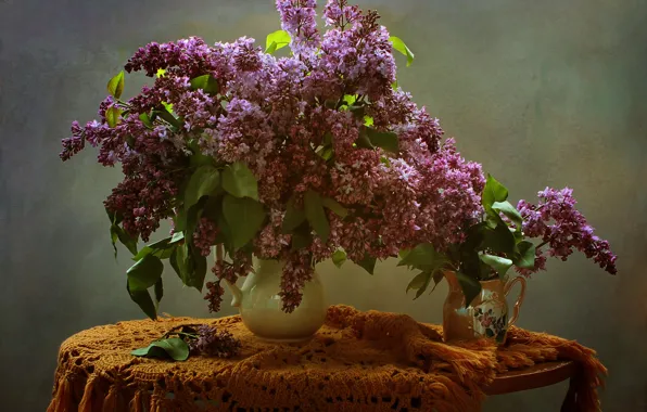 Картинка стол, фон, ваза, сирень, скатерть