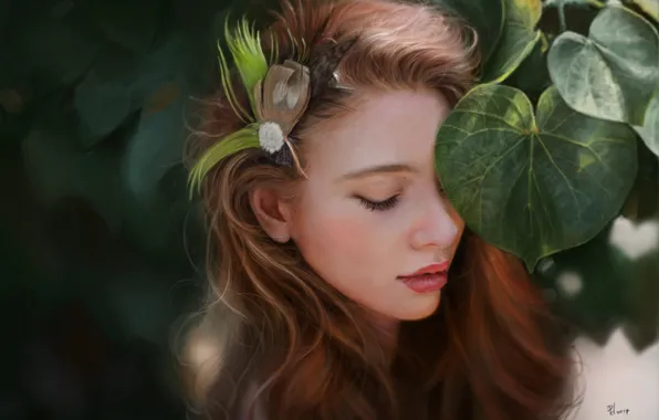 Картинка листья, девушка, лицо, листва, перья, арт, заколка