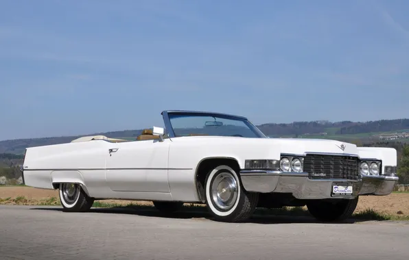 Картинка белый, небо, Cadillac, 1969, кабриолет, передок, Convertible, Кадилак