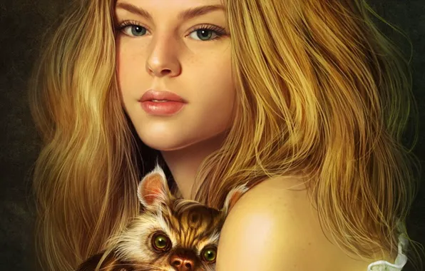 Картинка кот, девушка, волосы
