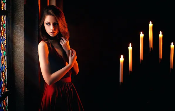 Model, Ksenia Kokoreva, Candles, In Thought, Stained Glass