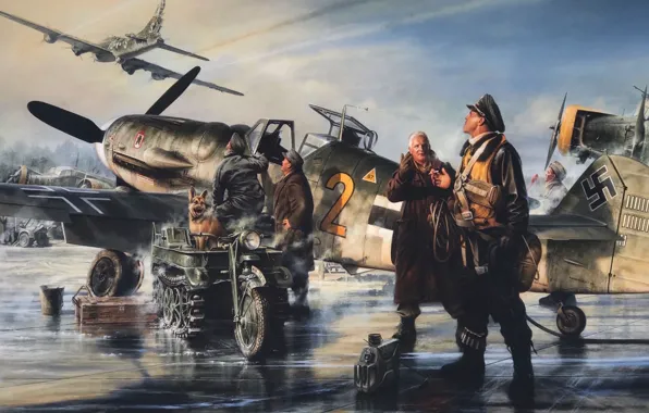 Картинка аэродром, Messerschmitt, B-17, люфтваффе, Bf.109, Kettenkrad HK 101, SdKfz 2, полугусеничный мотоцикл