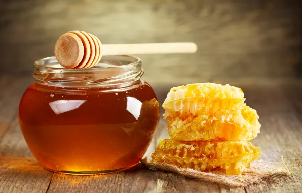 Соты, мед, ложка, банка, мёд, сладкое, баночка