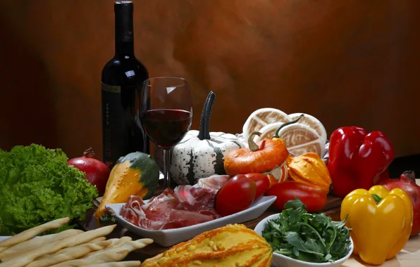 Зелень, стол, вино, бокал, бутылка, еда, мясо, перец
