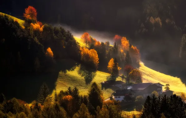 Картинка осень, свет, горы, природа, дома, дес