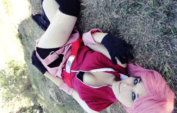 Девушка, Naruto, лежа, косплей, Sakura Haruno