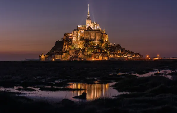 Замок, Франция, остров, вечер, крепость, Мон-Сен-Мишель, Mont Saint-Michel