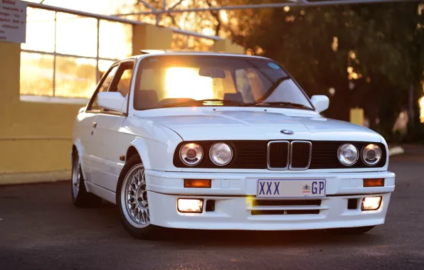 BMW, white, front, E30