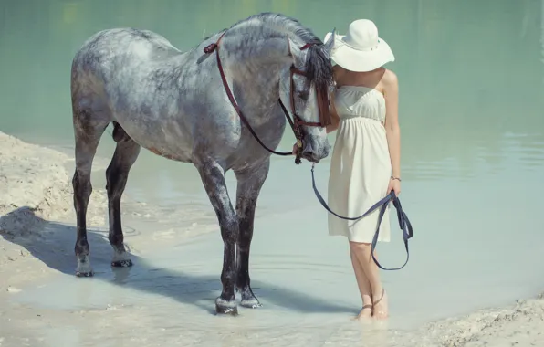 Картинка вода, девушка, конь, шляпа