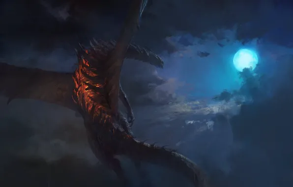 Картинка moon, fantasy, Dragon, sky, night, clouds, digital art, artwork