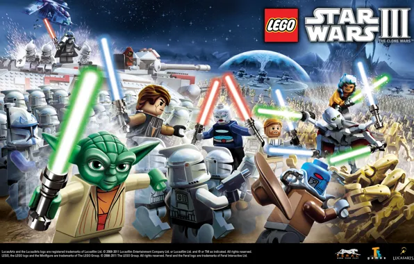 Star Wars, battle, yoda, lightsaber, artwork, figures, Obi-Wan Kenobi, LEGO Star Wars III