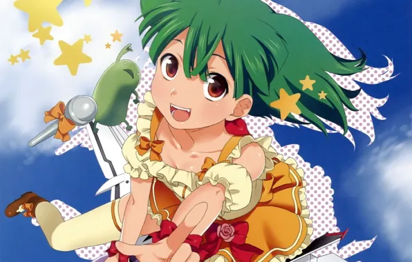 Волосы, звёзды, микрофон, летит, art, зелёные, голубое небо, Macross Frontier