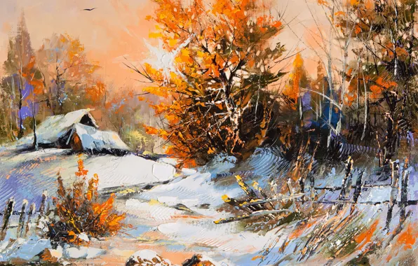 Картинка зима, снег, деревья, пейзаж, краски, листва, картина, деревня