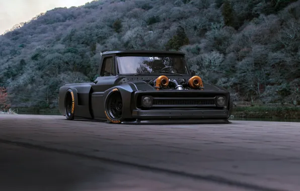 Дорога, горы, река, автомобиль, TT- Chevy C10