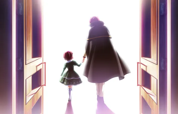 Свет, спина, двери, плащ, двое, umineko no naku koro ni, когда плачут чайки, ange ushiromiya