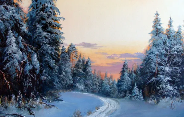 Картинка зима, лес, снег, пейзаж, закат, Александра Леднева