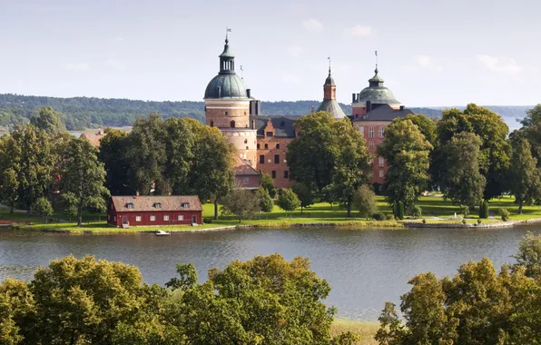 Картинка деревья, река, замок, Швеция, Gripsholms
