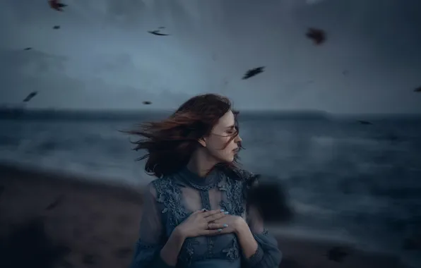 Девушка, шторм, ветер, берег, Alexander Shark