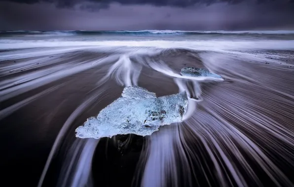 Море, волны, пляж, берег, лёд, Исландия, ледниковая лагуна Йёкюльсаурлоун