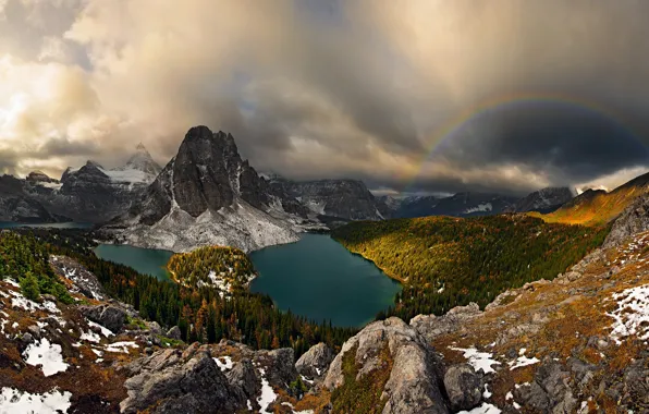 Картинка осень, облака, горы, тучи, радуга, Канада, панорама, Альберта