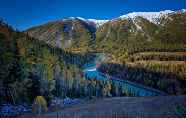 Картинка лес, горы, Китай, озеро Канас