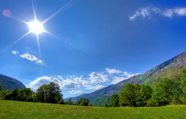 Картинка небо, трава, солнце, горы, пейзажи, утро, full hd walls 2560x1440