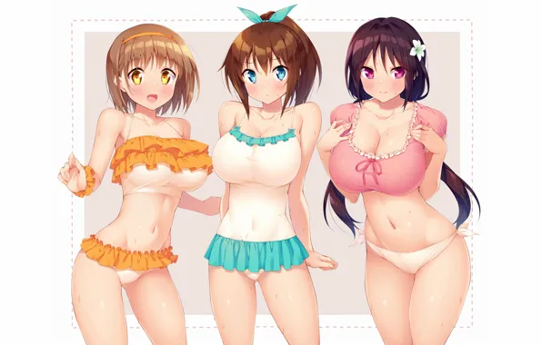 Sexy, wet, cleavage, long hair, girls, brown hair, boobs, anime