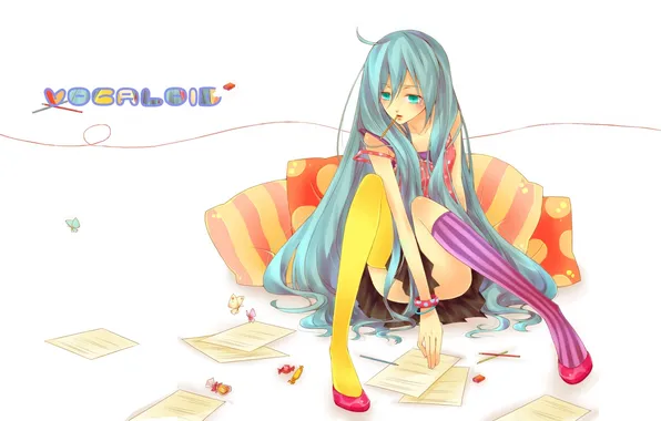 Девушка, бабочки, подушки, карандаши, конфеты, vocaloid, hatsune miku, длинные волосы