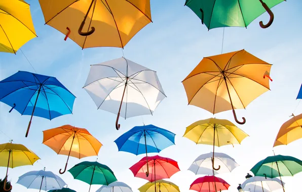 Небо, солнце, зонты, разноцветные, много, Colorful Umbrellas