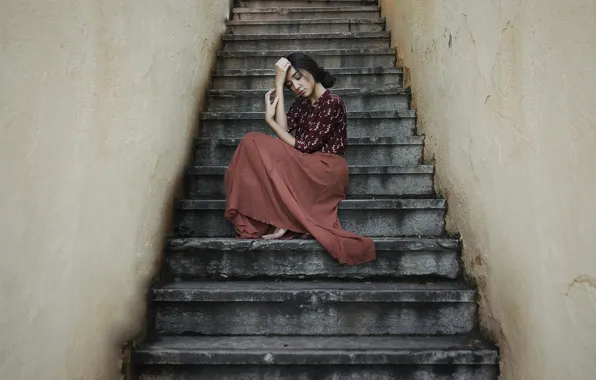 Девушка, поза, лестница