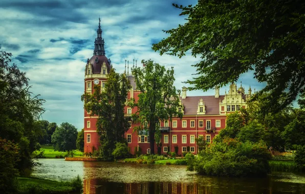 Trees, nature, clouds, lake, germany, castle, schloss muskau