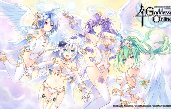 Девушки, группа, аниме, ангелы, арт, hyperdimension neptunia