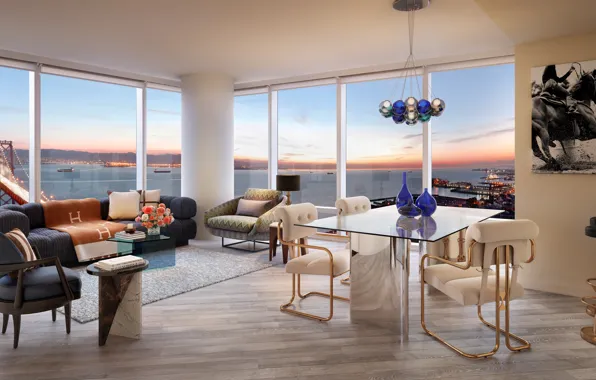 Интерьер, пентхаус, San Francisco, гостиная, люкс, столовая