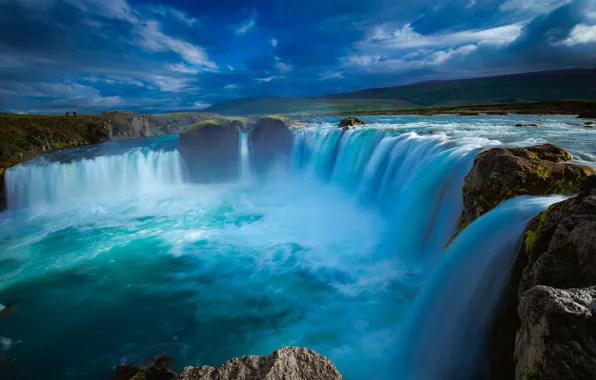 Пейзаж, тучи, природа, водопад, Исландия, Годафосс