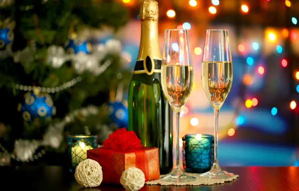Картинка огни, елка, Новый Год, бокалы, Рождество, подарки, ёлка, шампанское