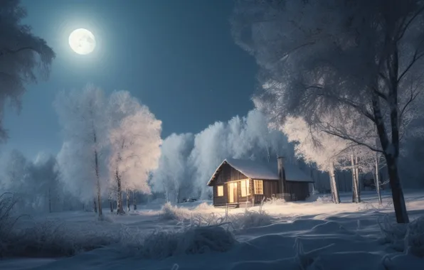 Картинка зима, лес, снег, ночь, Новый Год, мороз, Рождество, хижина