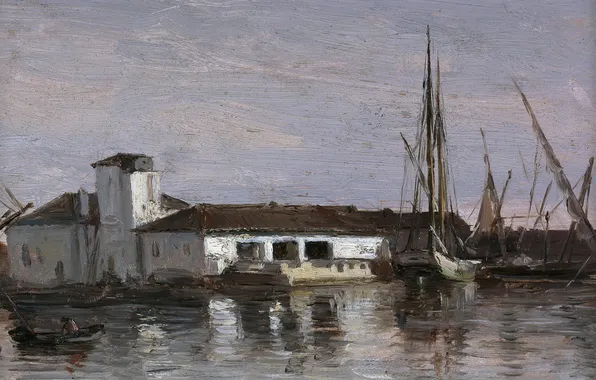Картинка пейзаж, дом, лодка, корабль, картина, гавань, Карлос де Хаэс, Лепрозорий на Мальорке