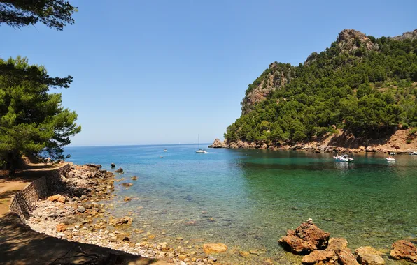 Картинка море, горы, Испания, Spain, деревья., Mallorca, Islas, Малерка