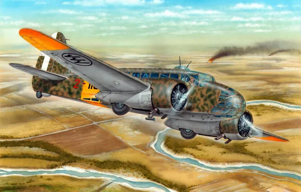 Картинка war, art, airplane, painting, aviation, ww2, Caproni Ca.311M