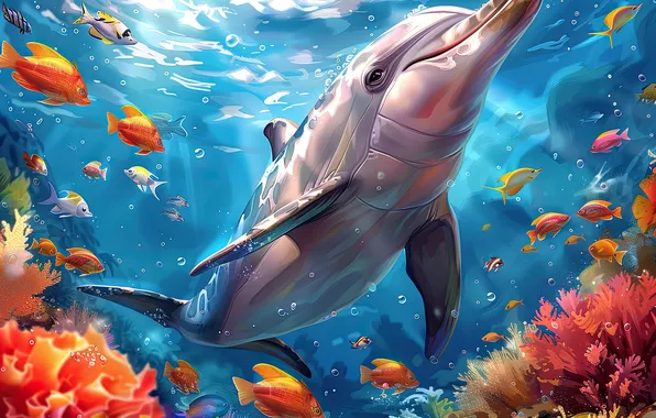 Вода, Рыбы, Дельфин, Морда, Подводный мир, Цифровое искусство, Коралл, ИИ-арт