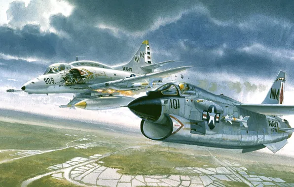 Картинка пожар, огонь, пара, вьетнам, подбит, LTV A-7 Corsair II, Douglas A-4 Skyhawk