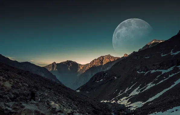 Небо, снег, горы, камни, луна, человек, moon, sky