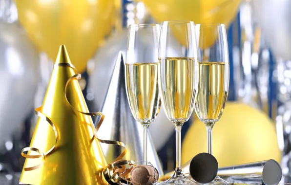 Картинка Новый Год, бокалы, шампанское, серпантин, New Year, celebration, holiday, Happy