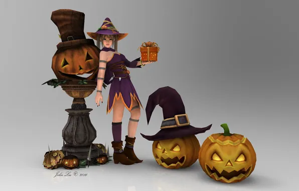 Картинка девушка, аниме, тыква, хеллоуин, 3д графика