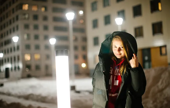 Зима, взгляд, девушка, огни, вечер, Nastya
