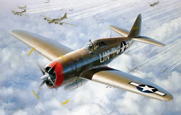 Картинка war, art, airplane, ww2, Republic P-47 Thunderbolt, paiting